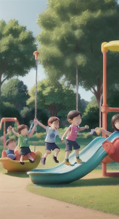  {Children playing in a sunny park with swings and slides., Same group of happy children, now wearing casual play clothes.