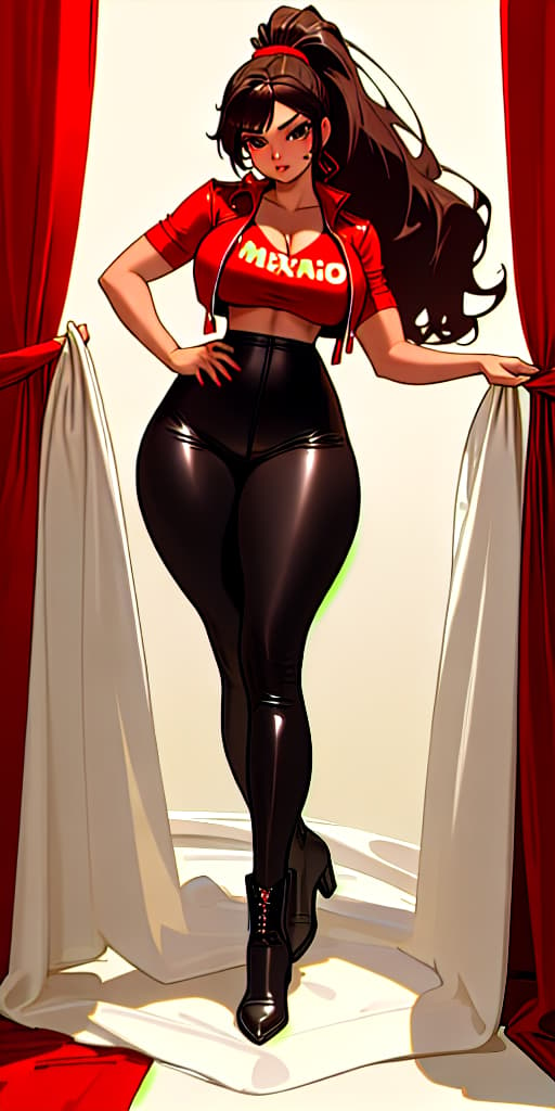  Extremely beautiful face, Mexican woman, slave woman, hourglass body, latina, Mexican face, extreme facial features, wearing makeup, dimples, long brown curly hair in ponytail, (curtain bangs) in in red leather jacket, plain white v neck t shirt, shirt exposing boobs, black leggings, black boots, extremely detailed, stunning visuals, Strong athletic body, thick thighs showing, curved hips, detailed face, beautiful eyes, full body thighs showing, sexy body, latina baddie,