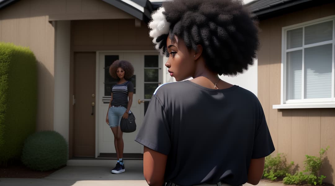  A portrait of a English young black woman with Afro in a black and white striped short-sleeved t-shirt, a tight pair of blue jeans and black shoes; in the backdrop of the house through the driveway; carrying a pocket knife; back view; London, England, cinematic, realistic; HD, Ultra HD, hyperrealistic, high quality, highly detailed, perfect lighting, intricate, sharp focus, f/1. 8, 85mm, (centered image composition), (professionally color graded), ((bright soft diffused light)), trending on instagram, HDR 4K, 8K