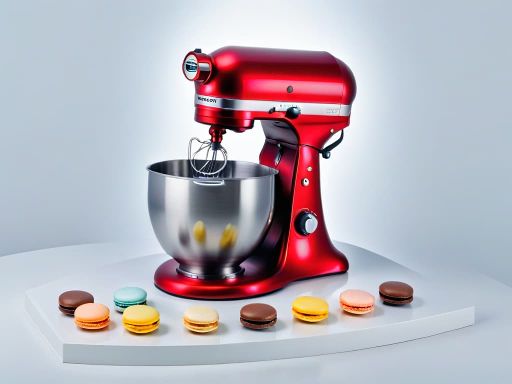  A minimalist image of an elegant stainless steel stand mixer, surrounded by meticulously arranged vibrant macarons of various colors and flavors, set against a clean white backdrop to emphasize the precision and sophistication required in gourmet dessert making. hyperrealistic, full body, detailed clothing, highly detailed, cinematic lighting, stunningly beautiful, intricate, sharp focus, f/1. 8, 85mm, (centered image composition), (professionally color graded), ((bright soft diffused light)), volumetric fog, trending on instagram, trending on tumblr, HDR 4K, 8K