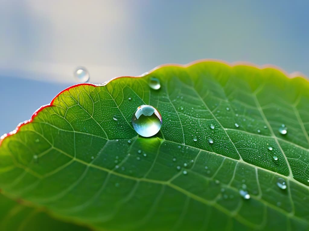  A highresolution closeup image of a crystalclear droplet of water delicately perched on a vibrant green leaf, showcasing the purity and freshness of water essential in baking. The droplet refracts light beautifully, highlighting its pristine quality, while the leaf's texture adds a natural element. This minimalistic yet captivating image symbolizes the importance of water in baking, inviting readers to appreciate the purity and essence of this crucial ingredient. hyperrealistic, full body, detailed clothing, highly detailed, cinematic lighting, stunningly beautiful, intricate, sharp focus, f/1. 8, 85mm, (centered image composition), (professionally color graded), ((bright soft diffused light)), volumetric fog, trending on instagram, trending on tumblr, HDR 4K, 8K