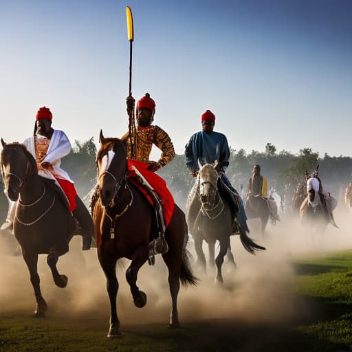  generate an image of Hausa thousands Warriors on horses stand their legs and raising dust hyperrealistic, full body, detailed clothing, highly detailed, cinematic lighting, stunningly beautiful, intricate, sharp focus, f/1. 8, 85mm, (centered image composition), (professionally color graded), ((bright soft diffused light)), volumetric fog, trending on instagram, trending on tumblr, HDR 4K, 8K