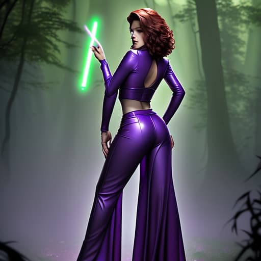  Fierce looking woman with short dark curly red hair wearing purple leather pants with long skirt around back and purple leather long sleeved top holding green light saber dark, foggy outdoor wooded setting full body front view