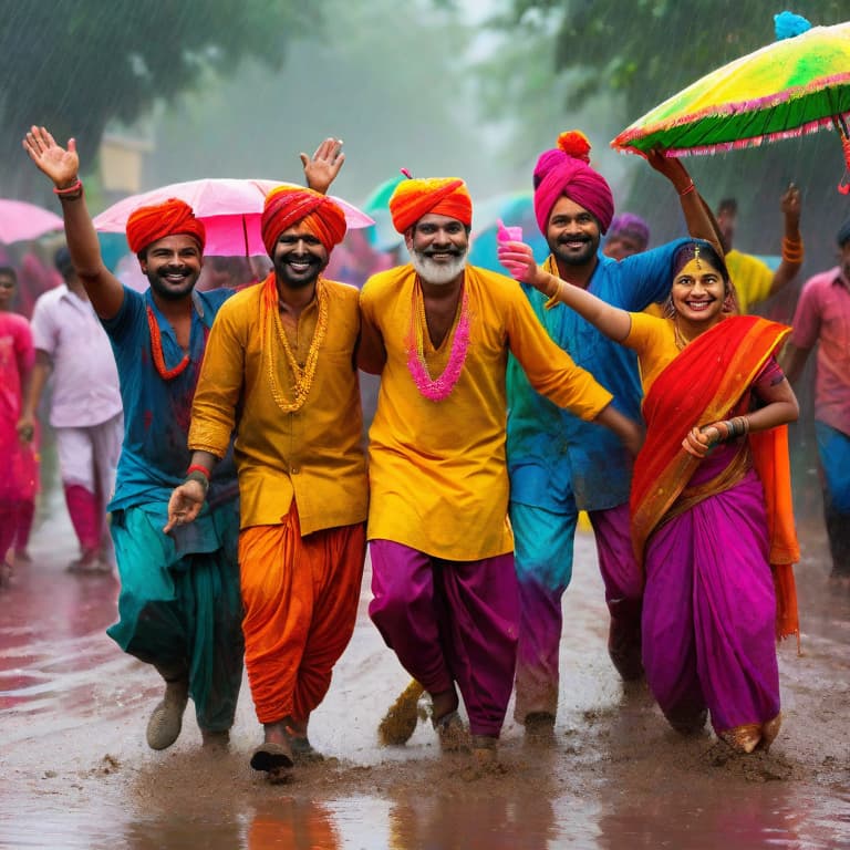  Subject Detail: The image depicts a group of farmers joyously celebrating the festival of Holi amidst pouring rain. They are dressed in traditional attire, with vibrant colors adorning their clothing. Some of the farmers hold water guns and buckets filled with colored water, while others are seen throwing handfuls of bright powders in the air. Their happy faces are beaming with excitement as they engage in friendly banter and laughter.

Medium: Digital art

Art Style: Realistic

Image Type: Illustration

Resolution and Focus: High resolution, capturing fine details and sharp focus

Typography and Text: No text required

Elaborate Description: The soft, diffused lighting of the rainy day casts a gentle glow on the scene, enhancing the colors