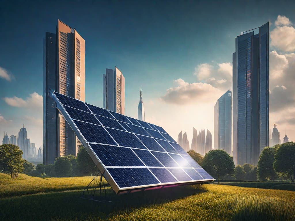  A close-up photo of a sleek, modern solar panel glistening in the sunlight, with a backdrop of a futuristic city skyline. The panel is surrounded by lush greenery, symbolizing the harmonious integration of technology and nature in the era of artificial intelligence-driven solar energy. digital art, ilustration, no flares, clean hyperrealistic, full body, detailed clothing, highly detailed, cinematic lighting, stunningly beautiful, intricate, sharp focus, f/1. 8, 85mm, (centered image composition), (professionally color graded), ((bright soft diffused light)), volumetric fog, trending on instagram, trending on tumblr, HDR 4K, 8K