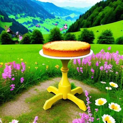  a cake, golden cake stand, picnic location, in lush green Switzerland, in middle of beautiful and colourful flowers