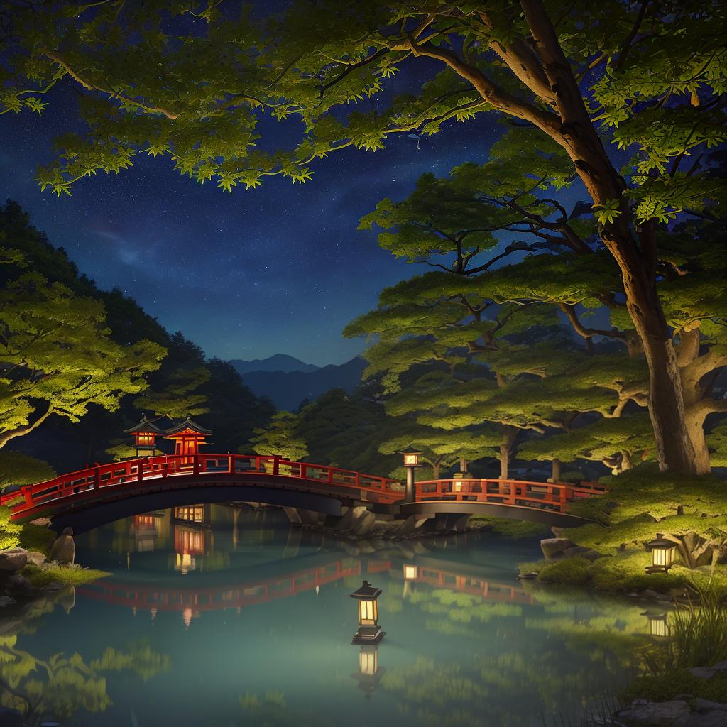  masterpiece, best quality,(fidelity: 1.4), best quality, masterpiece, ultra high resolution, 8k resolution, night view inspired by Japanese art, featuring a garden illuminated by paper lanterns and a wooden bridge spanning a tranquil lake with a small Zen temple by the lake. The water reflects the stars.