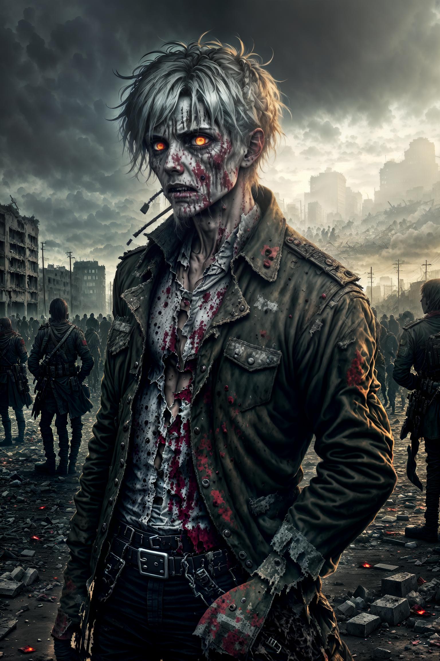  Zombie,(male dried corpse:1.3), (rotten skin:1.2), (tattered clothing:1.0), (lifeless gaze:1.0), (zombie's eyes are usually empty), (bloodstains and wounds:1.0), (obvious bite marks or torn wounds on the body), (surrounded by dried or fresh bloodstains), (ruins environment:1.2), (main scene should be in the urban ruins left after destruction), (surrounded by collapsed buildings, broken vehicles, etc.), (to show that human civilization has fallen), (army gathering:1.0), (displaying a large number of zombies gathering into an army), (presenting a shocking and desperate feeling), (horror atmosphere:1.0), (the lighting in the scene should be dark and harsh), (using elements such as clouds, smoke, etc.), (to create a sense of oppression and inse
