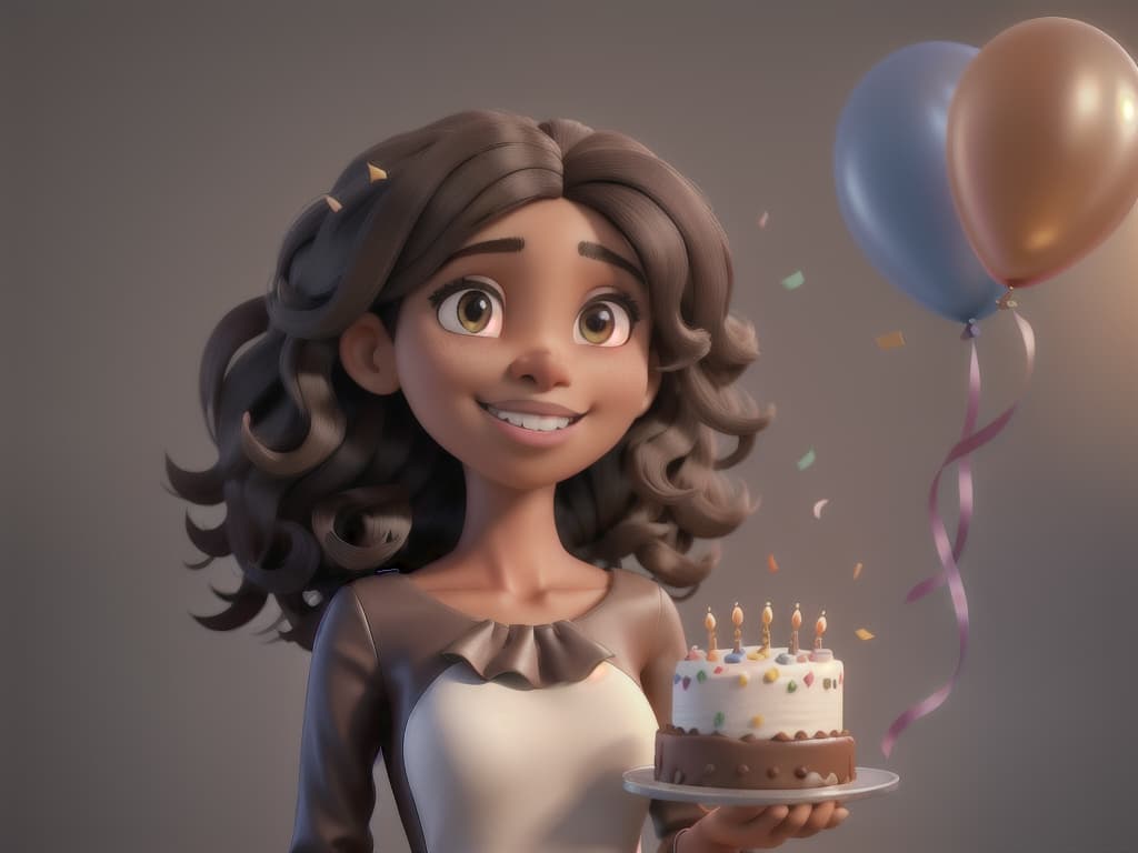  A brown black hair girl, birthday cake, happy birthday balloons in background, confetti, 25th birthday, happy, celebration, laughing, hyperrealistic, full body, detailed clothing, highly detailed, cinematic lighting, stunningly beautiful, intricate, sharp focus, f/1. 8, 85mm, (centered image composition), (professionally color graded), ((bright soft diffused light)), volumetric fog, trending on instagram, trending on tumblr, HDR 4K, 8K