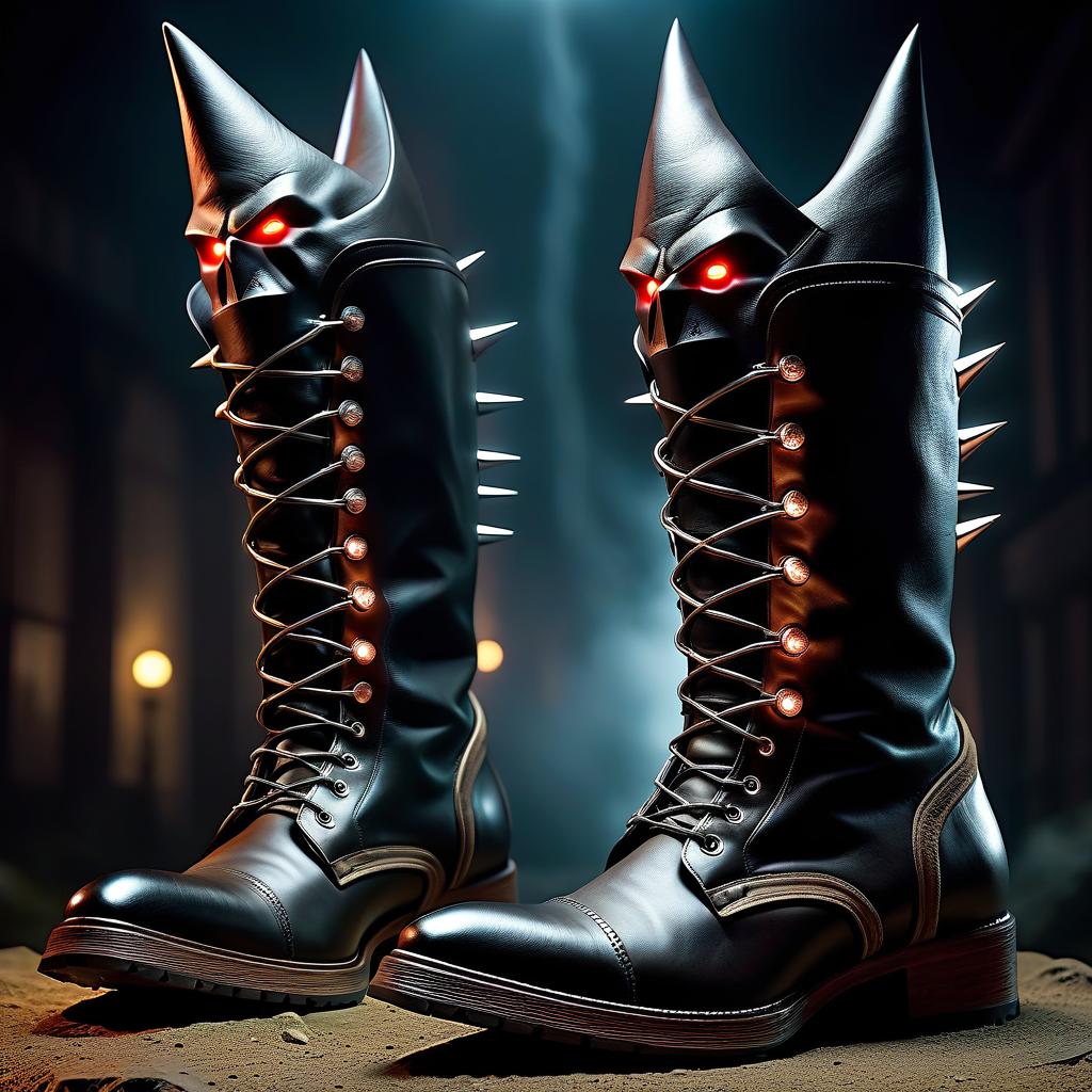  horror themed Two malicious monsters in the form of boots with pointed spikes and electric charges. . eerie, unsettling, dark, spooky, suspenseful, grim, highly detailed hyperrealistic, full body, detailed clothing, highly detailed, cinematic lighting, stunningly beautiful, intricate, sharp focus, f/1. 8, 85mm, (centered image composition), (professionally color graded), ((bright soft diffused light)), volumetric fog, trending on instagram, trending on tumblr, HDR 4K, 8K