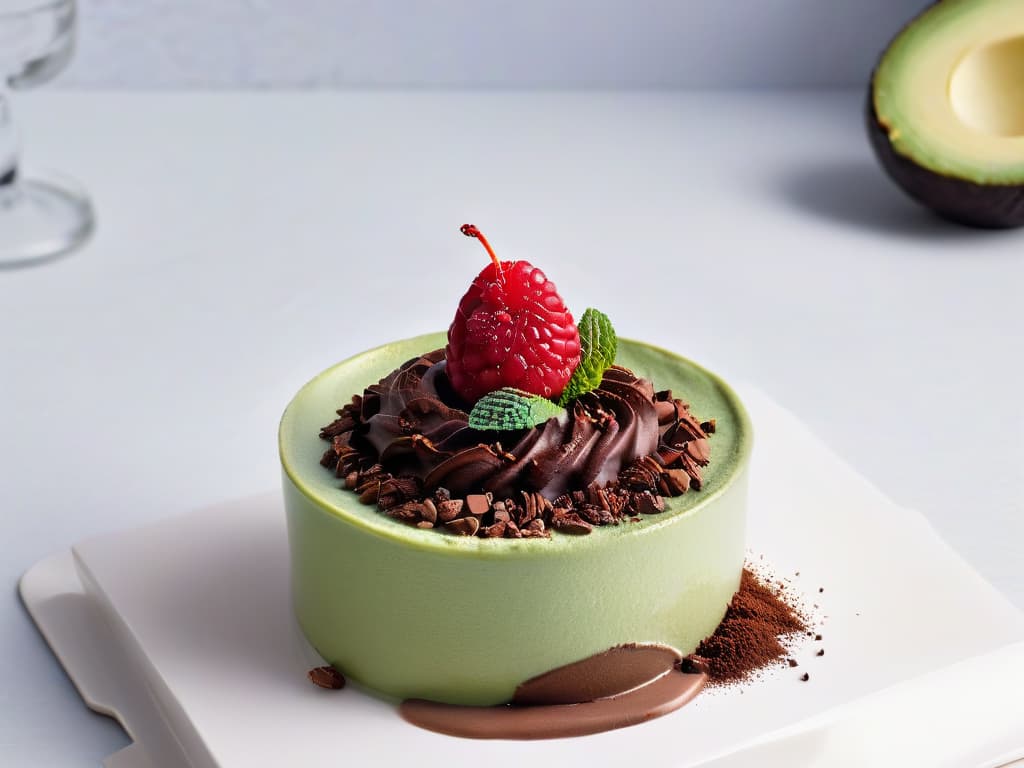  A minimalistic yet visually striking image of a decadent chocolate avocado mousse served in a delicate glass dessert cup. The smooth, glossy texture of the mousse contrasts beautifully with a sprinkle of dark cocoa powder on top, creating a luxurious feel. The dessert is garnished with a single fresh raspberry and a mint leaf, adding a pop of color against the rich chocolate backdrop. The lighting is soft, casting gentle shadows that enhance the elegance of the presentation. The overall composition exudes sophistication and indulgence, making it an enticing visual for the article on guiltfree desserts. hyperrealistic, full body, detailed clothing, highly detailed, cinematic lighting, stunningly beautiful, intricate, sharp focus, f/1. 8, 85mm, (centered image composition), (professionally color graded), ((bright soft diffused light)), volumetric fog, trending on instagram, trending on tumblr, HDR 4K, 8K