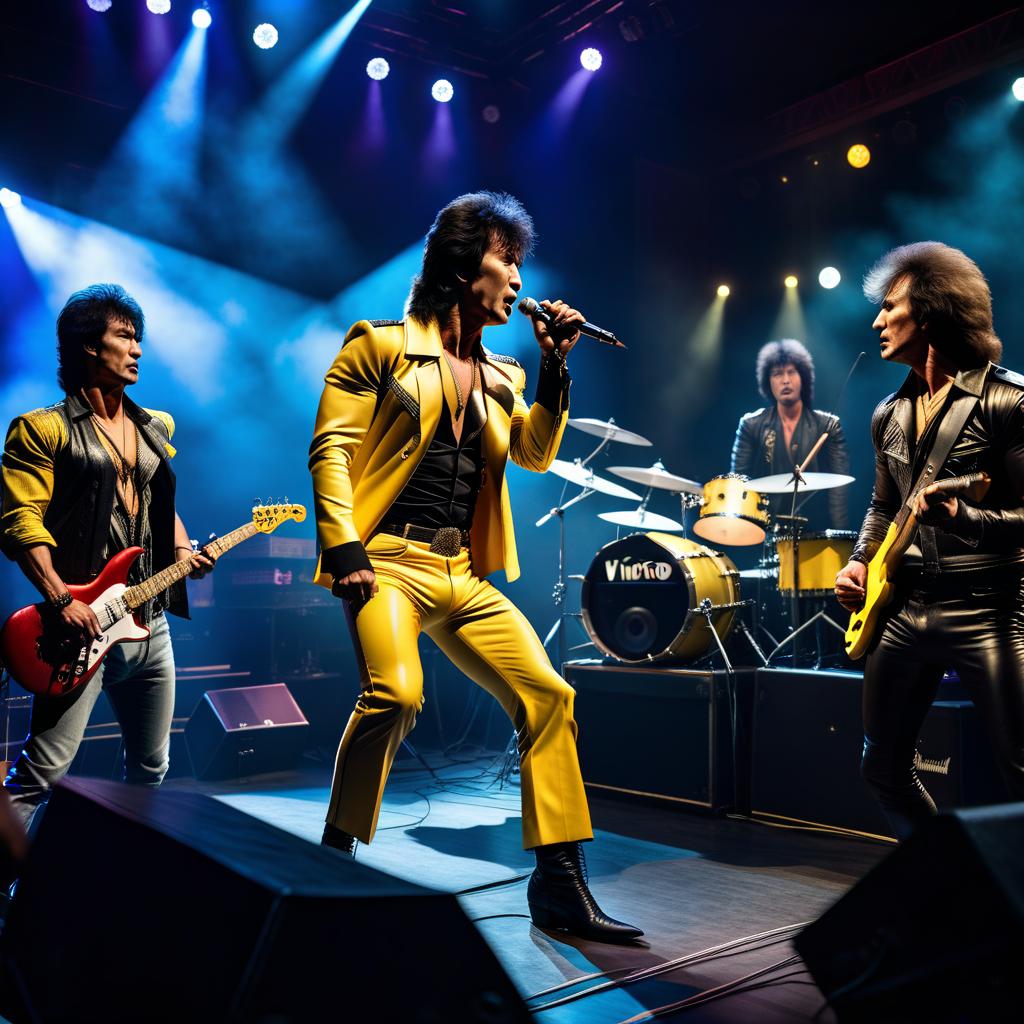  Viktor Tsoi and the Banana Men play a rock concert on stage, a view from the audience in full height. hyperrealistic, full body, detailed clothing, highly detailed, cinematic lighting, stunningly beautiful, intricate, sharp focus, f/1. 8, 85mm, (centered image composition), (professionally color graded), ((bright soft diffused light)), volumetric fog, trending on instagram, trending on tumblr, HDR 4K, 8K