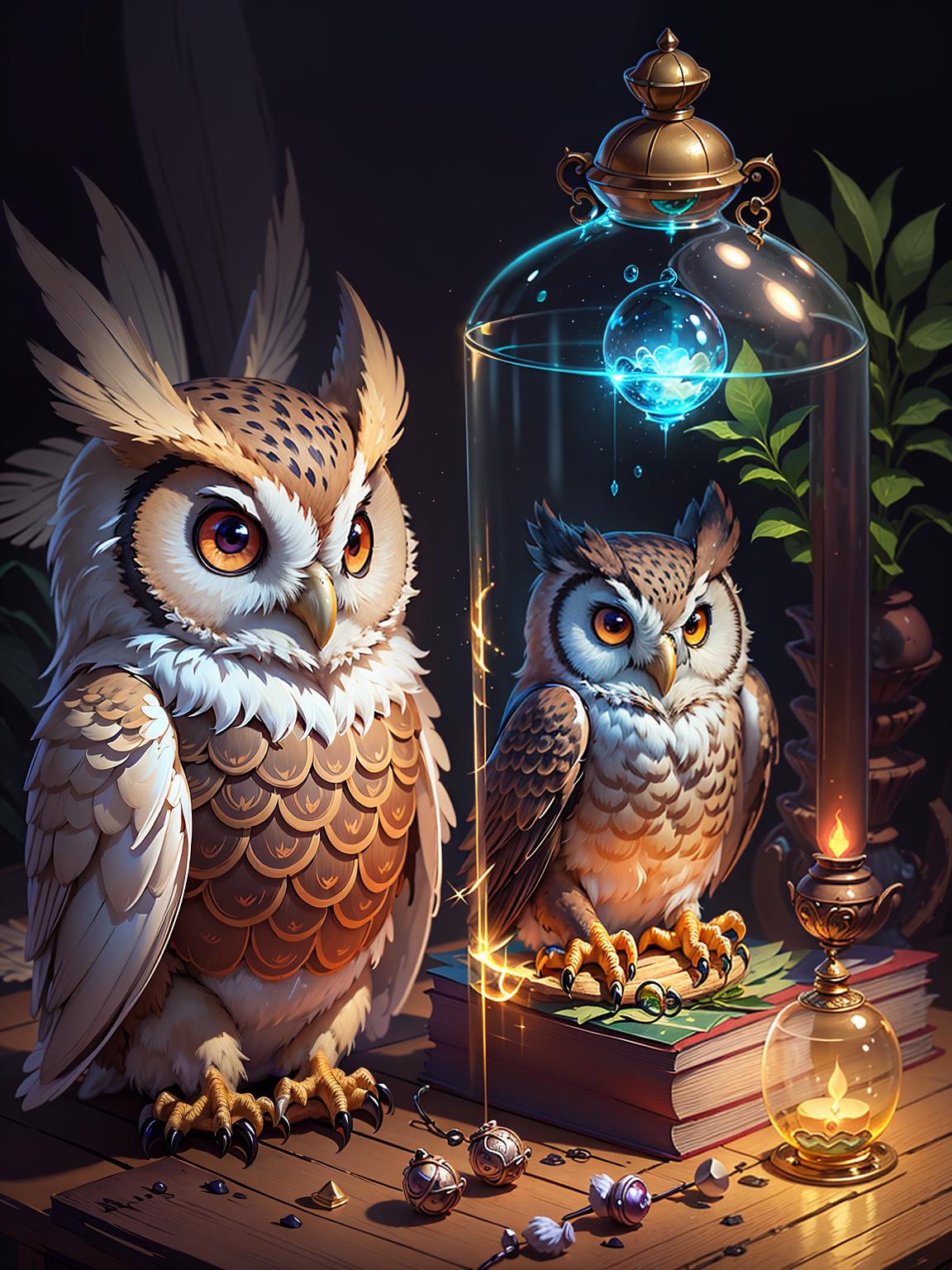  master piece, best quality, ultra detailed, highres, 4k.8k, Wise owl with a sandglass., Controlling the flow of time, manipulating past and future., Wise and mysterious., BREAK Time controlling owl with a sandglass., Enchanted forest clearing., Sandglass, old scrolls, and mystical symbols., BREAK Mystical and tranquil., Glowing and shimmering effects around the owl and sandglass., fun00d