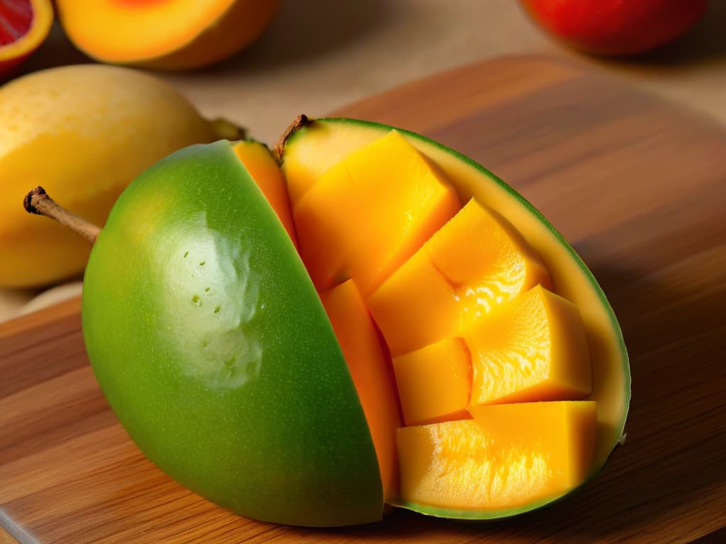  A simple, elegant image of a ripe, juicy mango sliced in half, showcasing its vibrant orange flesh and glistening texture. The background is a soft focus, with natural light illuminating the fruit to highlight its freshness and appeal. The image is captured up close, emphasizing the intricate details of the mango's skin and the succulent pulp, inviting the viewer to indulge in the tropical sweetness of this delicious fruit. hyperrealistic, full body, detailed clothing, highly detailed, cinematic lighting, stunningly beautiful, intricate, sharp focus, f/1. 8, 85mm, (centered image composition), (professionally color graded), ((bright soft diffused light)), volumetric fog, trending on instagram, trending on tumblr, HDR 4K, 8K