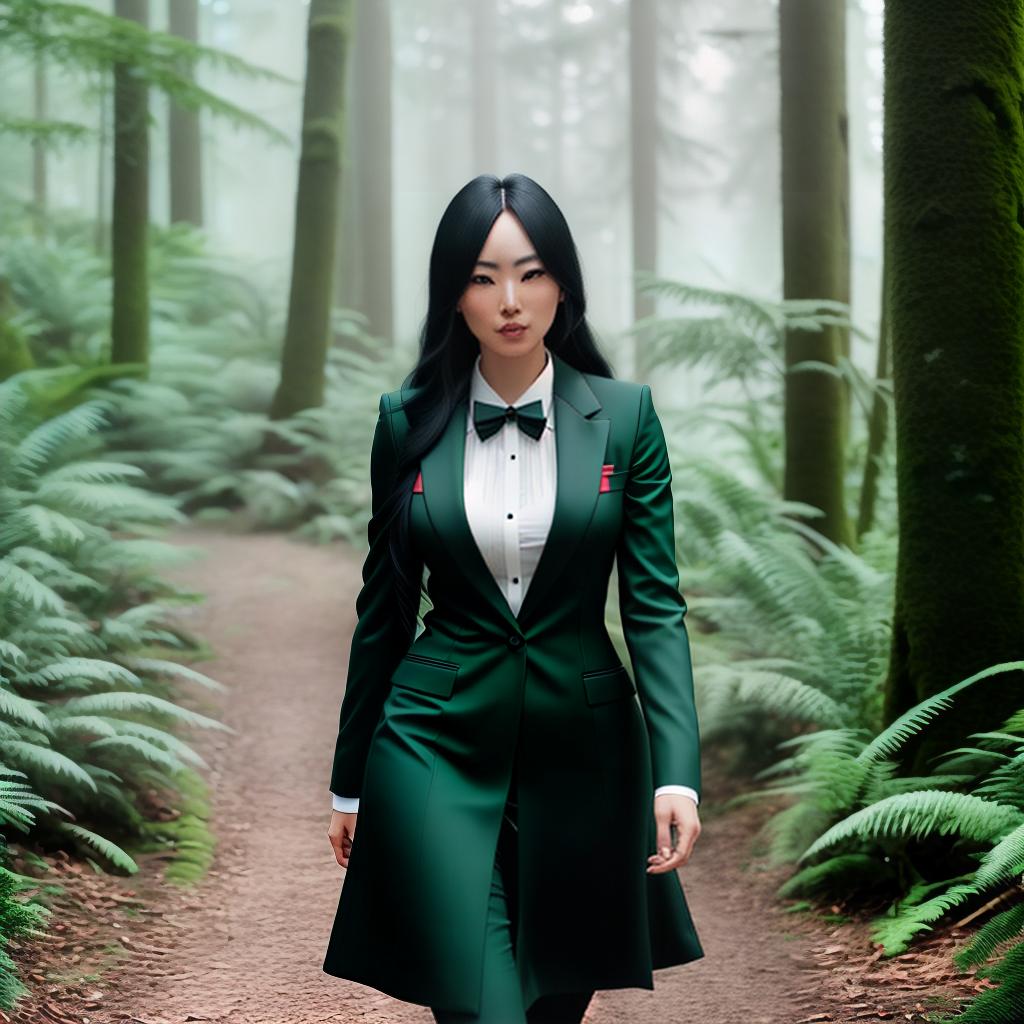  Anime girl with black long hair walking in the forest in a green suit hyperrealistic, full body, detailed clothing, highly detailed, cinematic lighting, stunningly beautiful, intricate, sharp focus, f/1. 8, 85mm, (centered image composition), (professionally color graded), ((bright soft diffused light)), volumetric fog, trending on instagram, trending on tumblr, HDR 4K, 8K