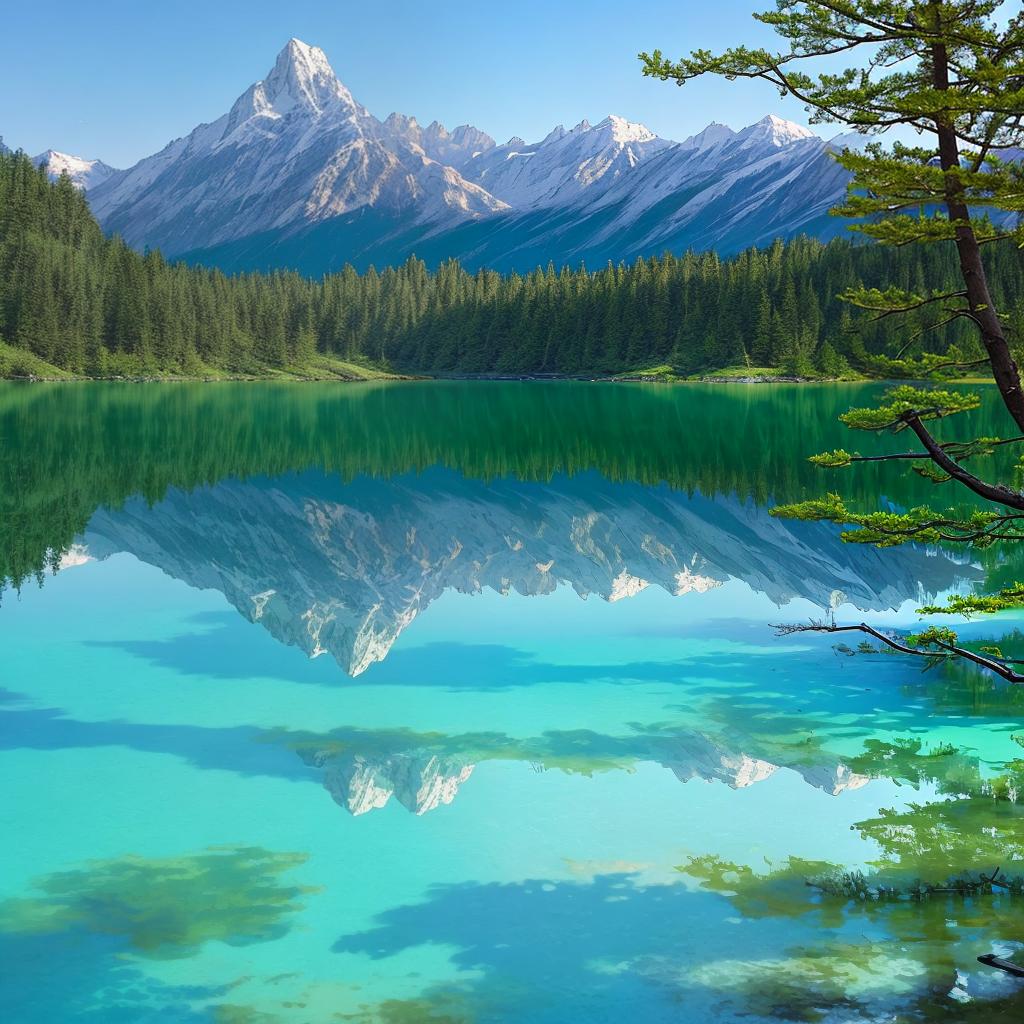  as a painting, Convey the serene majesty of towering mountains reflected in the crystal-clear waters of a tranquil alpine lake, using your unique artistic vision to evoke a sense of awe and tranquility.