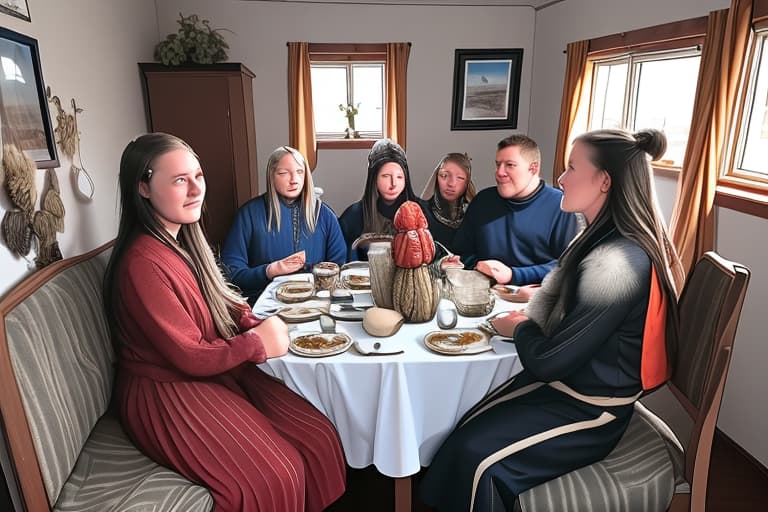  Family gathering where two people riding show up and everyone is sad also there are two empty seats, this is inside and Icelandic house and all the people are Icelandic