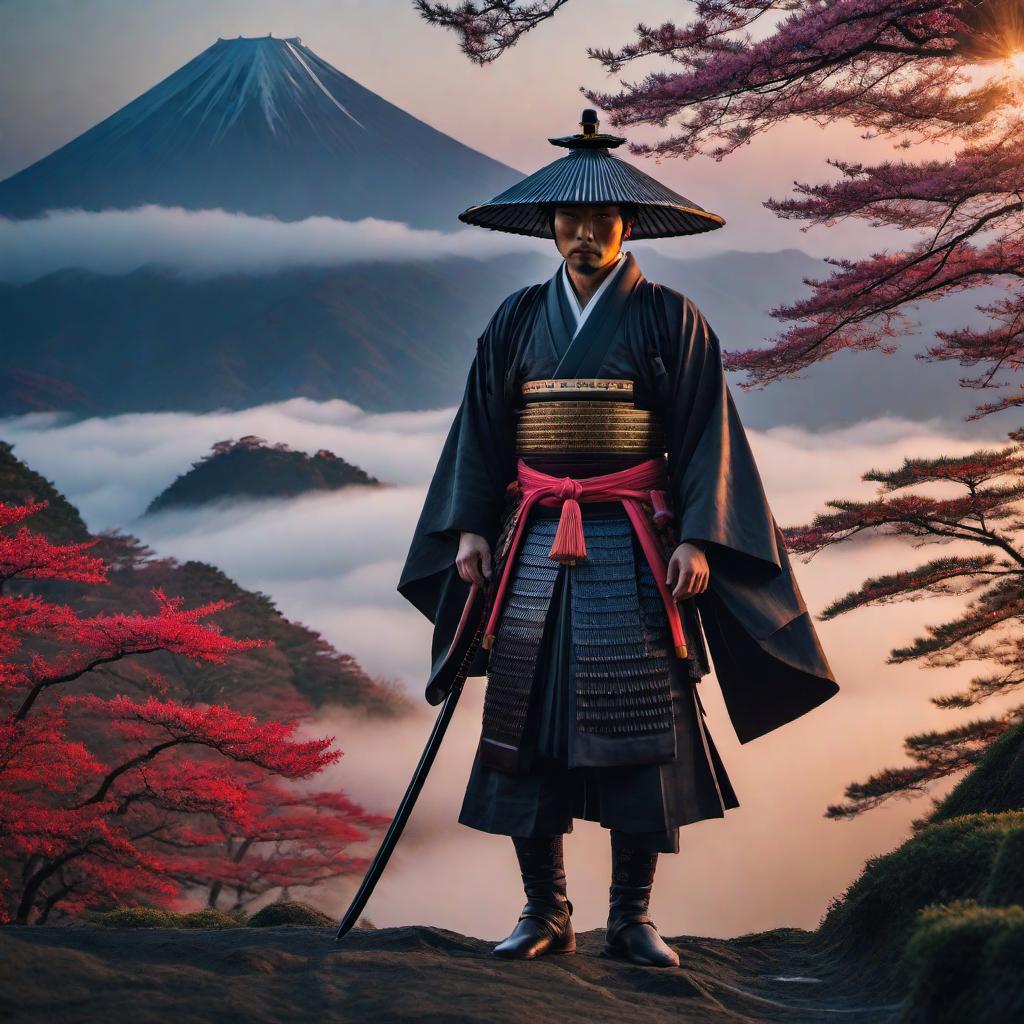  A samurai at sunset in Japan hyperrealistic, full body, detailed clothing, highly detailed, cinematic lighting, stunningly beautiful, intricate, sharp focus, f/1. 8, 85mm, (centered image composition), (professionally color graded), ((bright soft diffused light)), volumetric fog, trending on instagram, trending on tumblr, HDR 4K, 8K