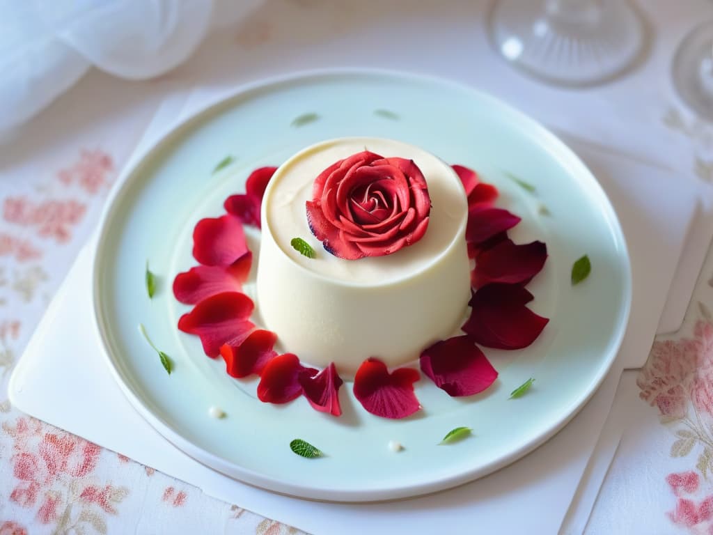  An exquisite, photorealistic image of a delicate roseinfused panna cotta elegantly set on a vintage floralpatterned plate. The creamy dessert is adorned with fresh rose petals, glistening with a light syrup drizzle, and garnished with a sprig of mint for a pop of color. The background showcases soft focus blooms, enhancing the elegant and floral aesthetic of the dish. hyperrealistic, full body, detailed clothing, highly detailed, cinematic lighting, stunningly beautiful, intricate, sharp focus, f/1. 8, 85mm, (centered image composition), (professionally color graded), ((bright soft diffused light)), volumetric fog, trending on instagram, trending on tumblr, HDR 4K, 8K