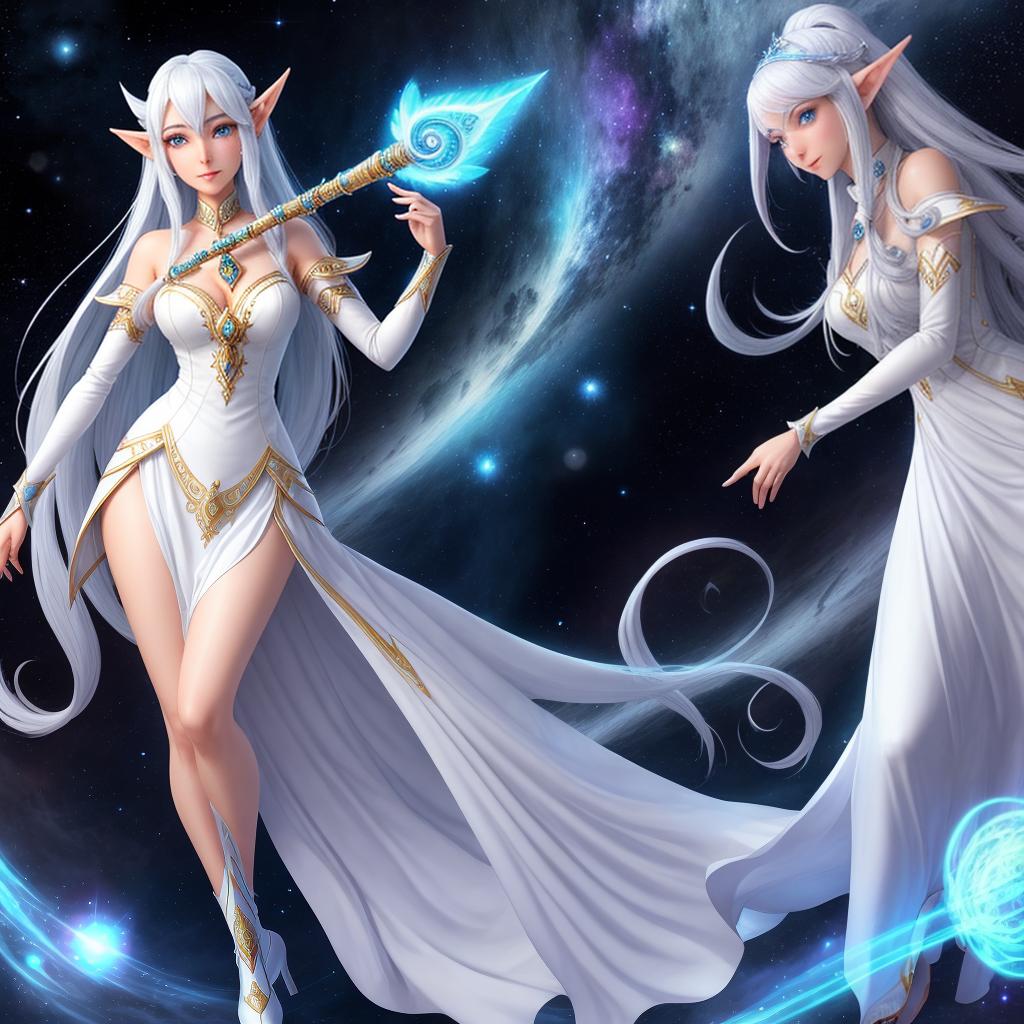  a full body picture of a female astral elf. she is dressed in a white old fashioned white dress. her skin is light purple, and she has long straight light blue hair. she is playing a magical flute