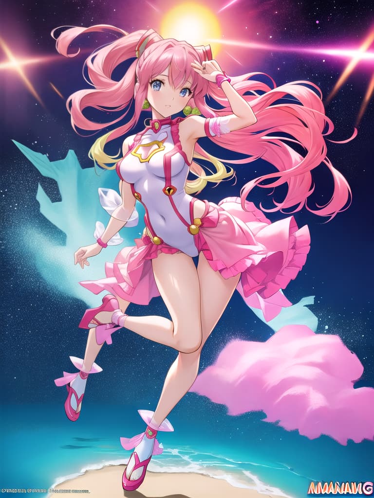  a woman in a pink outfit posing for a picture, style of macross, macross frontier, full figure poster, studio gainax art, anime barbie doll, studio gainax illustration, macross, anime action figure, full body zenkai! asuka suit, macross franchise, asuka suit under clothes!, studio gainax, featured on amiami