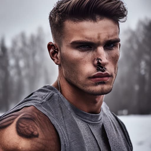 portrait+ style Russian queer fitness model brunette hunk dude face