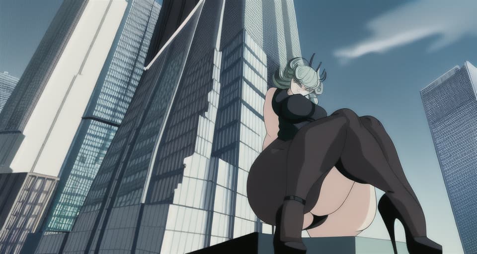  giantess tatsumaki giant ass sitting on a skyscraper, destroying the building, thick toned legs, heels, clumsy, huge ass crushing a building