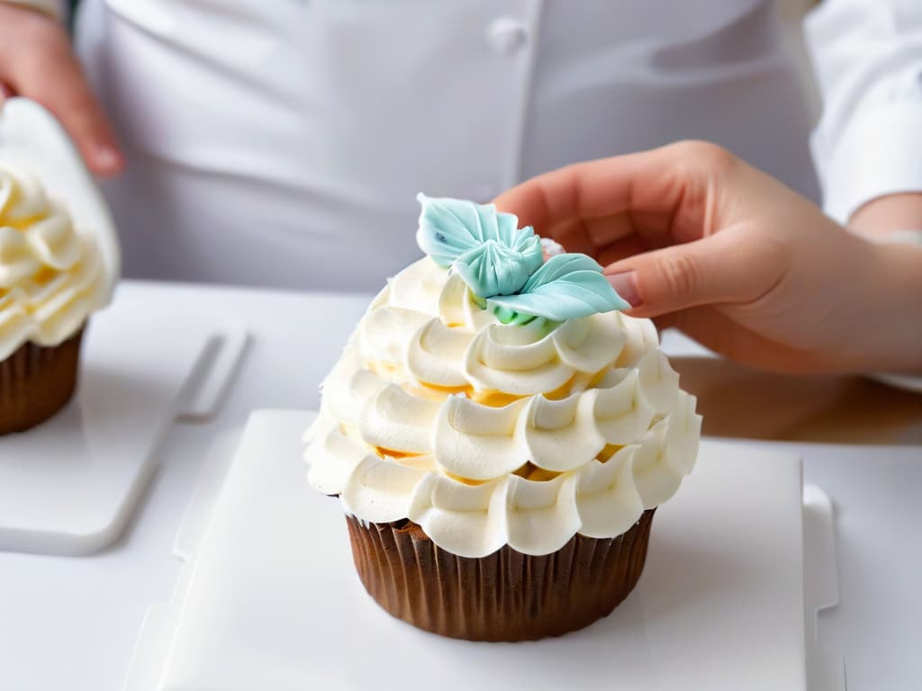  A closeup, minimalist image of a hand gracefully piping delicate icing onto a cupcake, showcasing the precision and skill involved in adapted baking techniques for carpal tunnel syndrome. The focus is on the intricate details of the piping work, highlighting the artistry and dedication required in creating beautifully crafted pastries despite physical limitations. hyperrealistic, full body, detailed clothing, highly detailed, cinematic lighting, stunningly beautiful, intricate, sharp focus, f/1. 8, 85mm, (centered image composition), (professionally color graded), ((bright soft diffused light)), volumetric fog, trending on instagram, trending on tumblr, HDR 4K, 8K