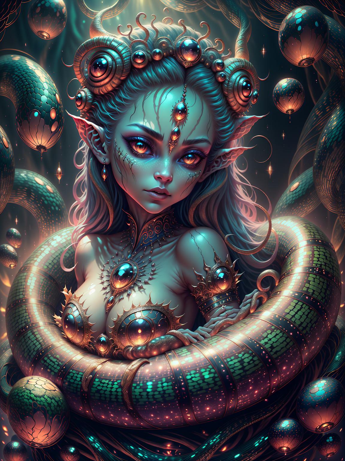  master piece, best quality, ultra detailed, highres, 4k.8k, Seductive and Powerful Medusa Queen, Seductively gazing at the viewer, Intense and captivating, BREAK Medusa Queen's Seductive Power, Enchanted garden, Twisting snake hair, adorned with jewels, BREAK Mystical and alluring, Soft glowing light, casting intriguing shadows, creature00d,Cu73Cre4ture