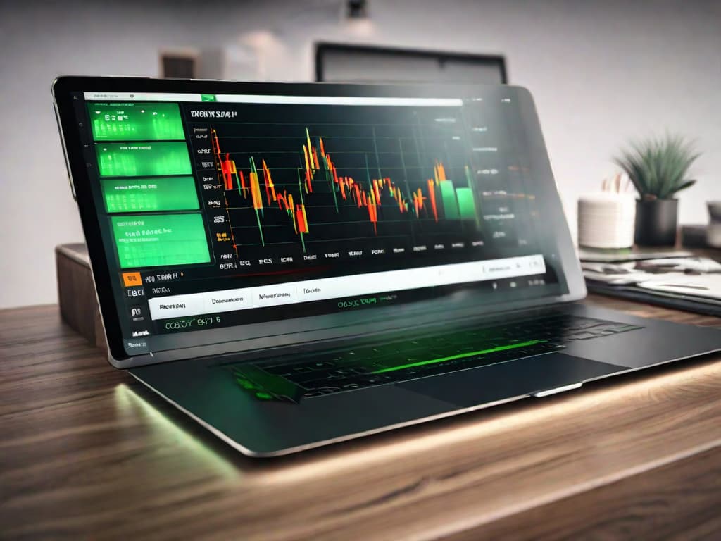  A dynamic stock market graph showing an upward trend, with green bars and a positive arrow symbolizing growth, alongside a smartphone displaying a trading app interface. digital art, ilustration, no flares, clean hyperrealistic, full body, detailed clothing, highly detailed, cinematic lighting, stunningly beautiful, intricate, sharp focus, f/1. 8, 85mm, (centered image composition), (professionally color graded), ((bright soft diffused light)), volumetric fog, trending on instagram, trending on tumblr, HDR 4K, 8K