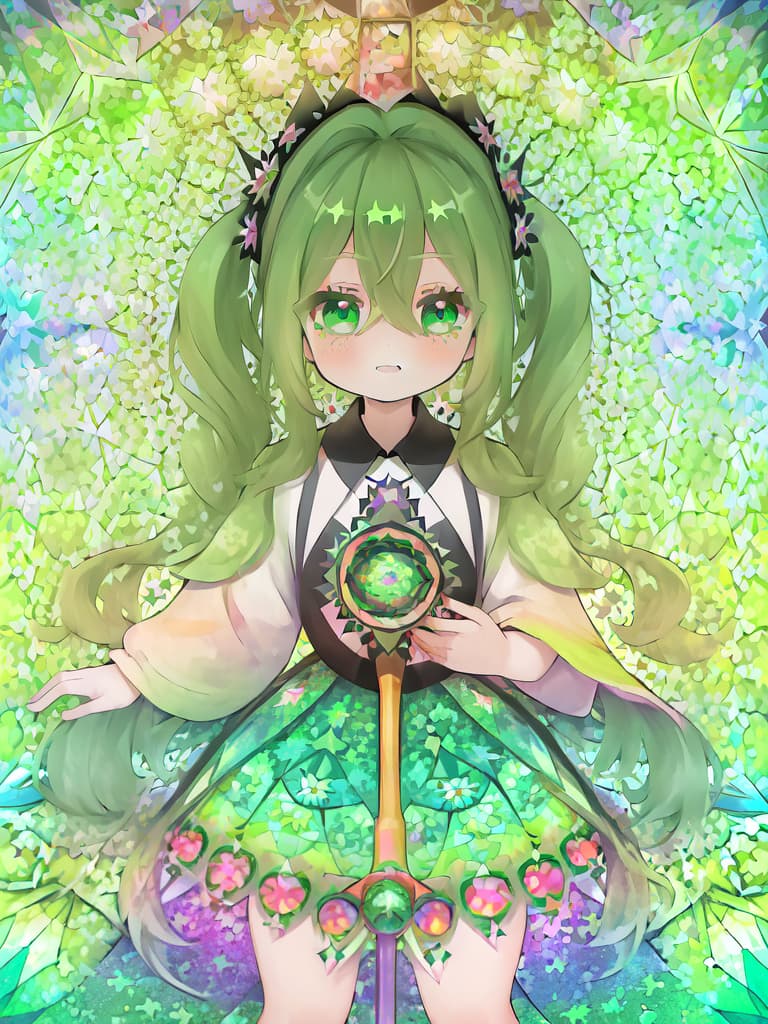  ((masterpiece)),((best quality)),(detailed background:1.4),(kaleidoscope:1.6),little girl,solo,green hair long wavy hair twintails.hairs between eyes,green eyes,1girl,smile, masterpiece, best quality,8k,ultra detailed,high resolution,an extremely delicate and beautiful,hyper detail