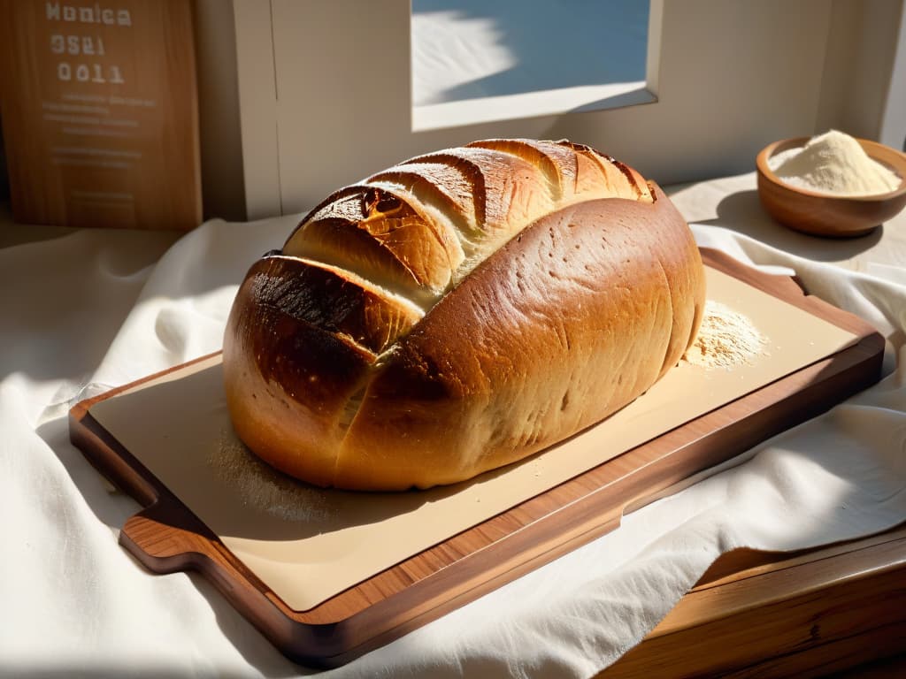  A minimalist and professional image of a beautifully decorated artisan bread loaf, placed on a rustic wooden table alongside a rolling pin, a bowl of flour, and a vintage kitchen scale. The warm natural light filters through a nearby window, casting a soft glow on the scene, highlighting the textures and details of the bread crust and flour dust. The image conveys a sense of craftsmanship, tradition, and the artistry of baking, perfect for enticing readers interested in online certifications in bakery and pastry arts. hyperrealistic, full body, detailed clothing, highly detailed, cinematic lighting, stunningly beautiful, intricate, sharp focus, f/1. 8, 85mm, (centered image composition), (professionally color graded), ((bright soft diffused light)), volumetric fog, trending on instagram, trending on tumblr, HDR 4K, 8K