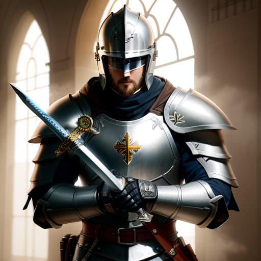  A Christian paladin who wears a roster helmet, the full armor of God, holding a Bible in one hand ,and mighty sword , the sword of Justice, he is praying for Jesus' blessing , hyperrealistic, high quality, highly detailed, perfect lighting, intricate, sharp focus, f/1. 8, 85mm, (centered image composition), (professionally color graded), ((bright soft diffused light)), trending on instagram, HDR 4K, 8K