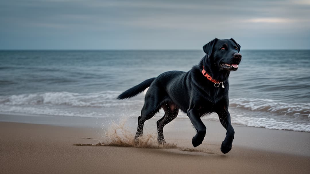  realistic image of a black lab dog running on the beach hyperrealistic, full body, detailed clothing, highly detailed, cinematic lighting, stunningly beautiful, intricate, sharp focus, f/1. 8, 85mm, (centered image composition), (professionally color graded), ((bright soft diffused light)), volumetric fog, trending on instagram, trending on tumblr, HDR 4K, 8K