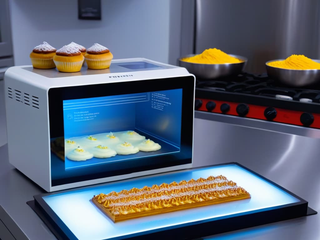  An ultradetailed image of a sleek, modern kitchen with hightech augmented reality overlays showcasing interactive baking techniques. The scene includes a futuristic holographic display projecting stepbystep instructions for pastry making, while elegant kitchen tools and ingredients are neatly arranged on minimalist countertops. The overall aesthetic exudes professionalism and innovation, capturing the essence of learning baking techniques in an interactive and engaging manner. hyperrealistic, full body, detailed clothing, highly detailed, cinematic lighting, stunningly beautiful, intricate, sharp focus, f/1. 8, 85mm, (centered image composition), (professionally color graded), ((bright soft diffused light)), volumetric fog, trending on instagram, trending on tumblr, HDR 4K, 8K