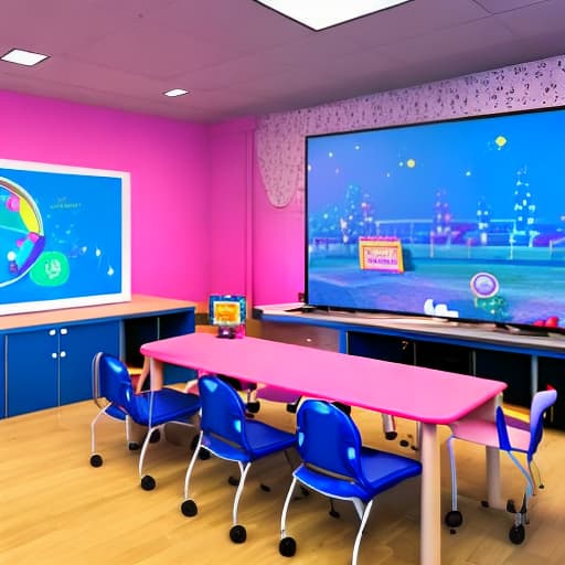  Create the scenario for the children's program Good Morning and Co. with two roulette wheels nailed to the wall, a blue roulette wheel and a pink one, two monitors each side of the other