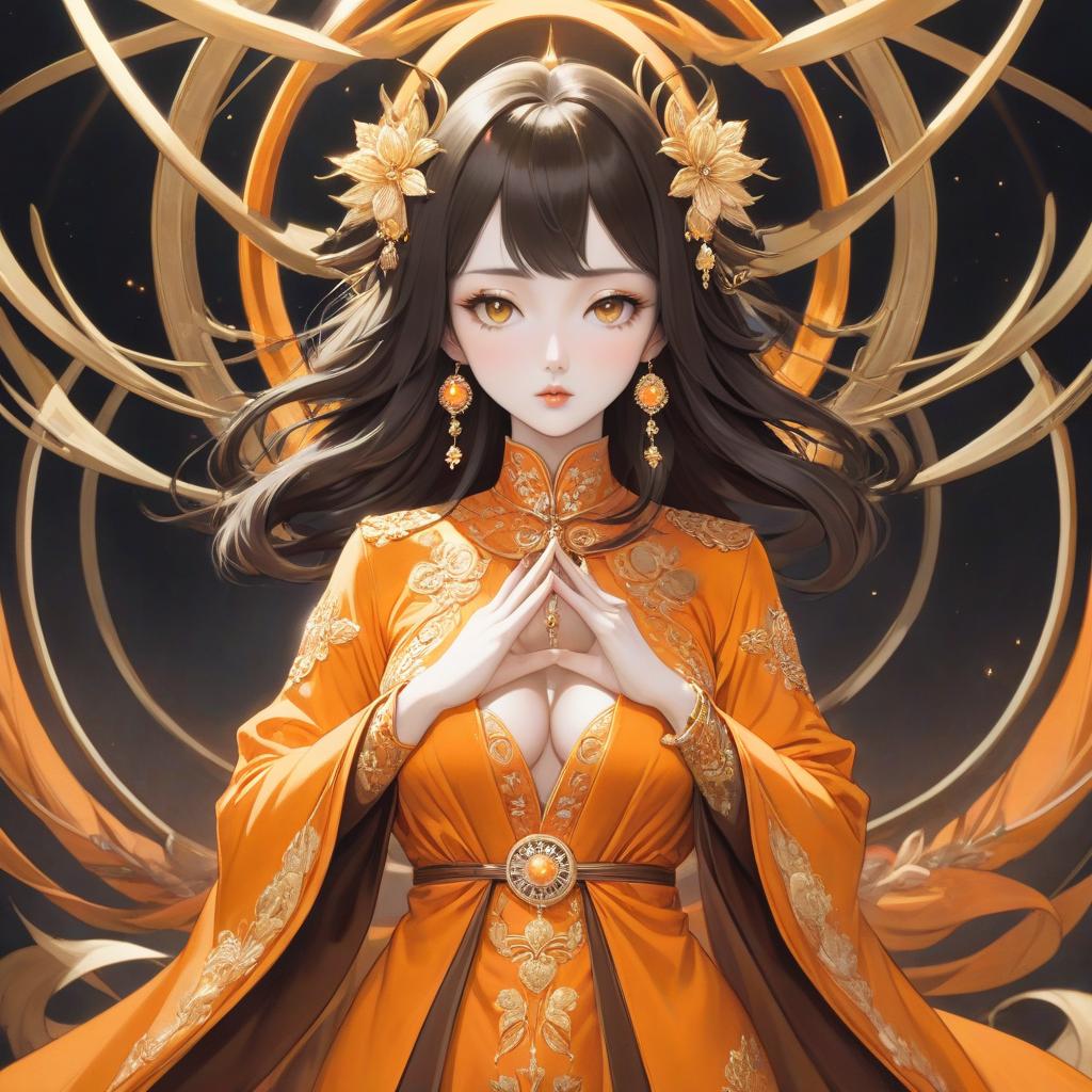  surrealist art A cartoon in an orange costume with gold jewelry, in the style of miho hirano, light yellow and dark brown, close up, traditional costumes, like simplicity, comic art, tondo . dreamlike, mysterious, , symbolic, intricate, detailed hyperrealistic, full body, detailed clothing, highly detailed, cinematic lighting, stunningly beautiful, intricate, sharp focus, f/1. 8, 85mm, (centered image composition), (professionally color graded), ((bright soft diffused light)), volumetric fog, trending on instagram, trending on tumblr, HDR 4K, 8K