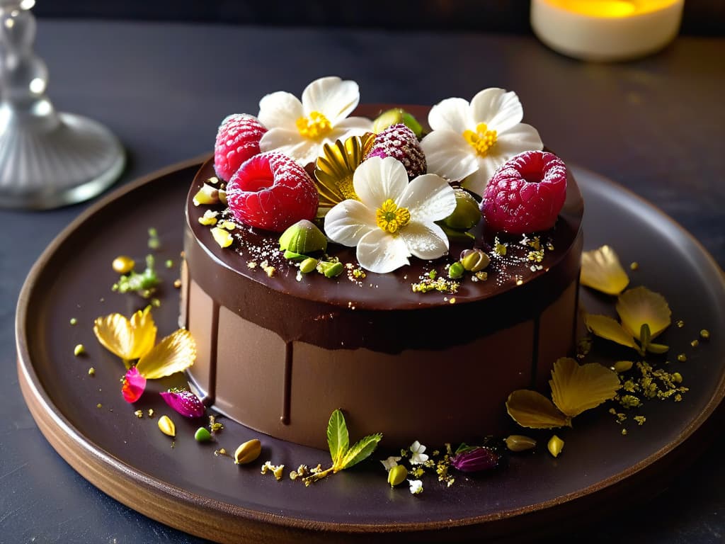  A closeup, highresolution image of a beautifully plated multisensory dessert featuring layers of glossy chocolate ganache, delicate edible flowers, shimmering gold leaf accents, and a sprinkle of crushed pistachios on a sleek, modern white plate set against a dark background. The dessert is artfully garnished with a single perfect raspberry on top, glistening with a light drizzle of honey and a dusting of powdered sugar, showcasing a stunning contrast of textures and flavors that invite the viewer to savor the intricate details of this exquisite culinary creation. hyperrealistic, full body, detailed clothing, highly detailed, cinematic lighting, stunningly beautiful, intricate, sharp focus, f/1. 8, 85mm, (centered image composition), (professionally color graded), ((bright soft diffused light)), volumetric fog, trending on instagram, trending on tumblr, HDR 4K, 8K