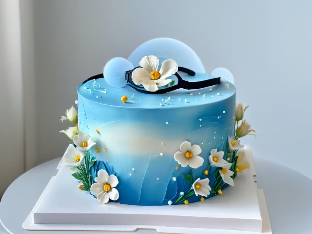  A closeup, ultradetailed image of a virtual reality headset superimposed over a beautifully decorated and intricately designed cake. The headset is sleek and modern, emitting a soft glow, while the cake features intricate piping work, delicate sugar flowers, and shimmering metallic accents. The juxtaposition of the hightech VR headset against the traditional art of pastry decoration creates a visually striking and thoughtprovoking image. hyperrealistic, full body, detailed clothing, highly detailed, cinematic lighting, stunningly beautiful, intricate, sharp focus, f/1. 8, 85mm, (centered image composition), (professionally color graded), ((bright soft diffused light)), volumetric fog, trending on instagram, trending on tumblr, HDR 4K, 8K