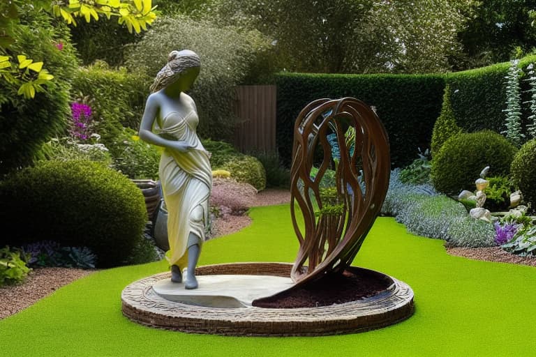  creating a sculpture of a woman with flowing hair and intricate details in her body. Outside a garden paradise with morning sunshine.