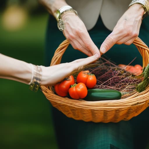  A photo realistic image of hands holding a basket full of fresh (((harvest))) vegetables, in a lush garden, sunset lighting, detailed, realistic hyperrealistic, full body, detailed clothing, highly detailed, cinematic lighting, stunningly beautiful, intricate, sharp focus, f/1. 8, 85mm, (centered image composition), (professionally color graded), ((bright soft diffused light)), volumetric fog, trending on instagram, trending on tumblr, HDR 4K, 8K