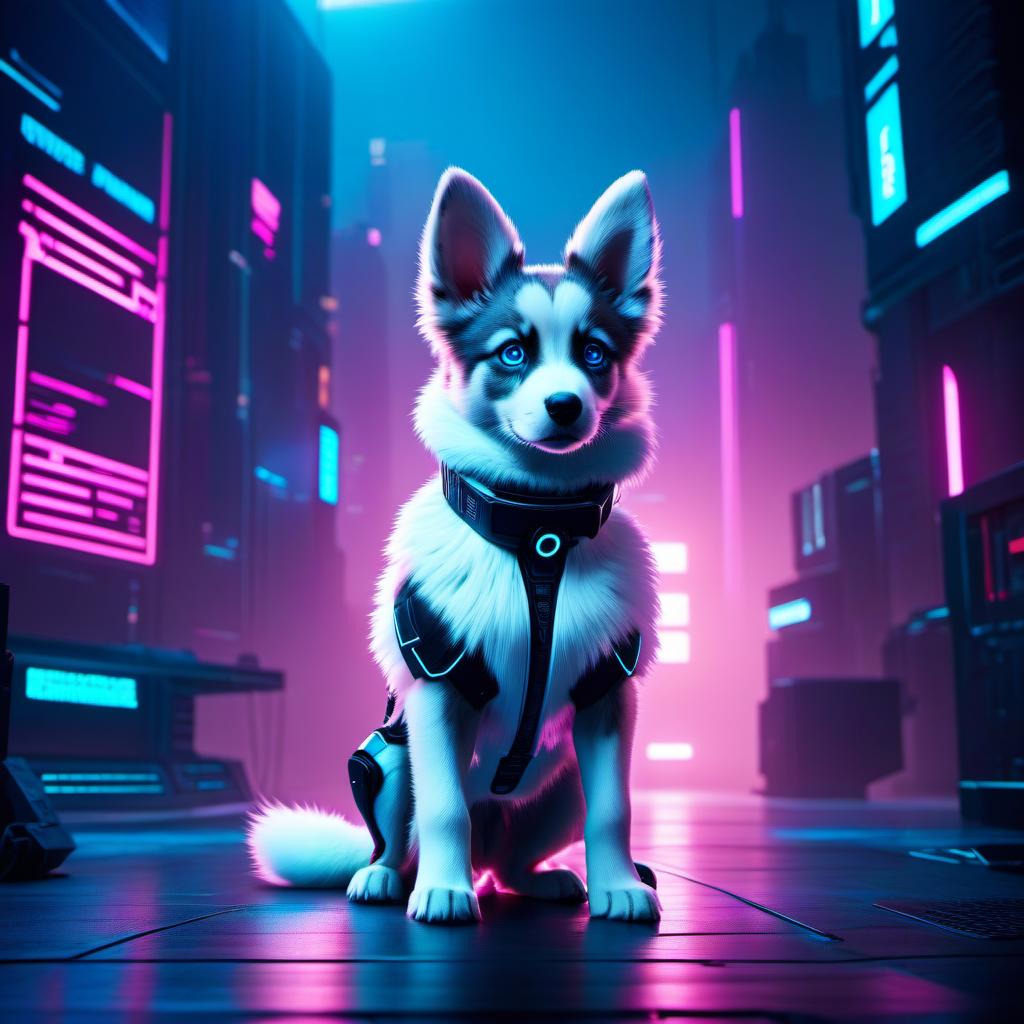  cyberpunk game style laughing hacker coder puppy, super cute, energetic, expressive, enthusiastic, blue eyes, white fur, artstation, digital cinematic art, night, screen, digital code, cyberpunk, virtual . neon, dystopian, futuristic, digital, vibrant, detailed, high contrast, reminiscent of cyberpunk genre video games hyperrealistic, full body, detailed clothing, highly detailed, cinematic lighting, stunningly beautiful, intricate, sharp focus, f/1. 8, 85mm, (centered image composition), (professionally color graded), ((bright soft diffused light)), volumetric fog, trending on instagram, trending on tumblr, HDR 4K, 8K