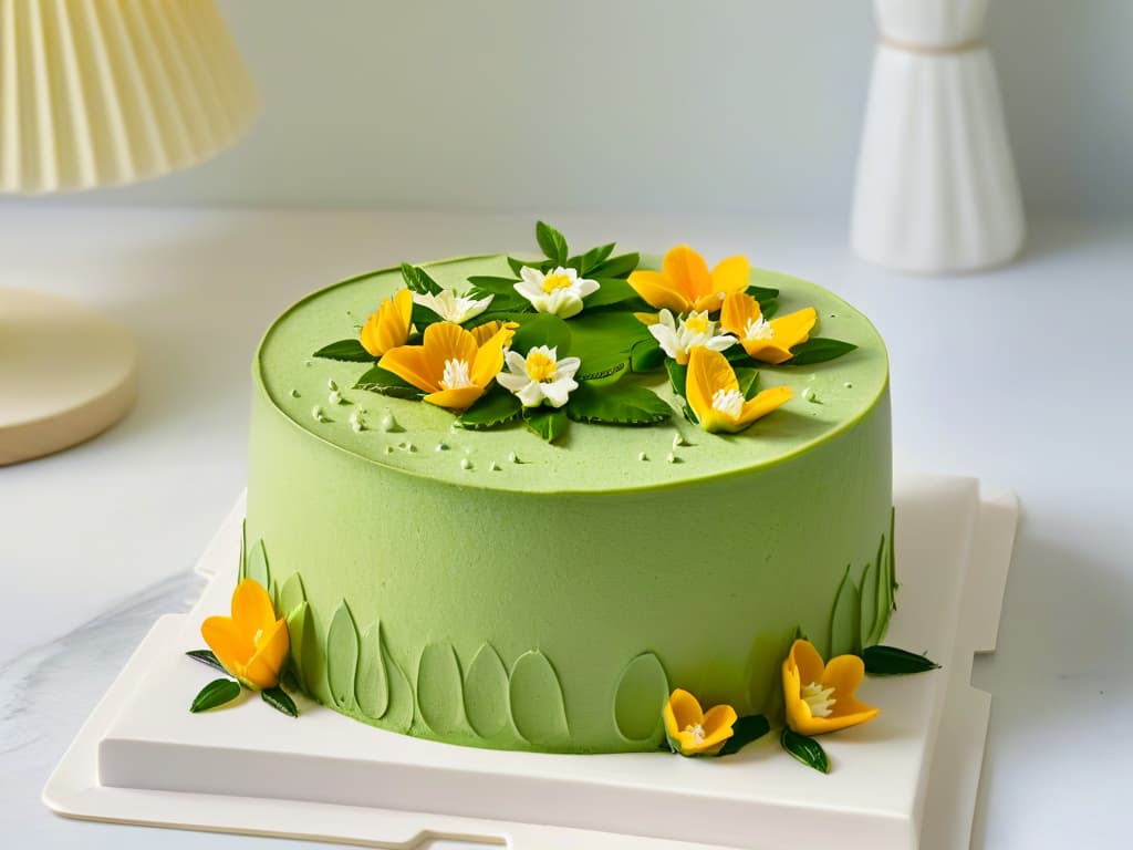  A minimalist, ultradetailed image of a beautifully decorated vegan matcha cake with intricate floral designs made from edible flowers on top. The cake sits on a sleek, white marble cake stand against a soft, blurred background, highlighting the vibrant green color of the matcha and the delicate details of the edible flowers. hyperrealistic, full body, detailed clothing, highly detailed, cinematic lighting, stunningly beautiful, intricate, sharp focus, f/1. 8, 85mm, (centered image composition), (professionally color graded), ((bright soft diffused light)), volumetric fog, trending on instagram, trending on tumblr, HDR 4K, 8K