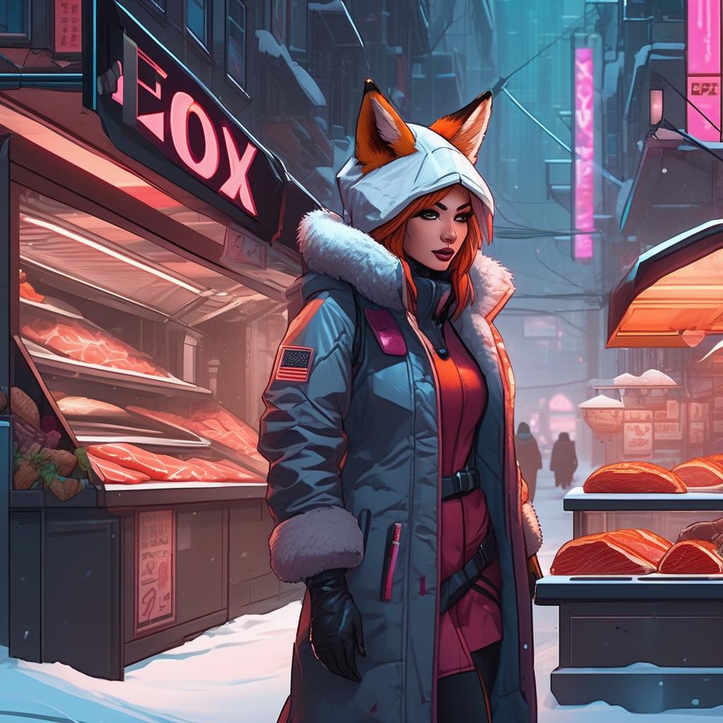  a fox girl with a human face, fox ears and tail, in cyberpunk, walks through a futuristic city in winter, looks at meat in a butcher shop, a street butcher shop, fresh meat tenderloin and hams are on the counter, walks through a futuristic city in winter, stands next to a street butcher shop, fresh meat on the counter