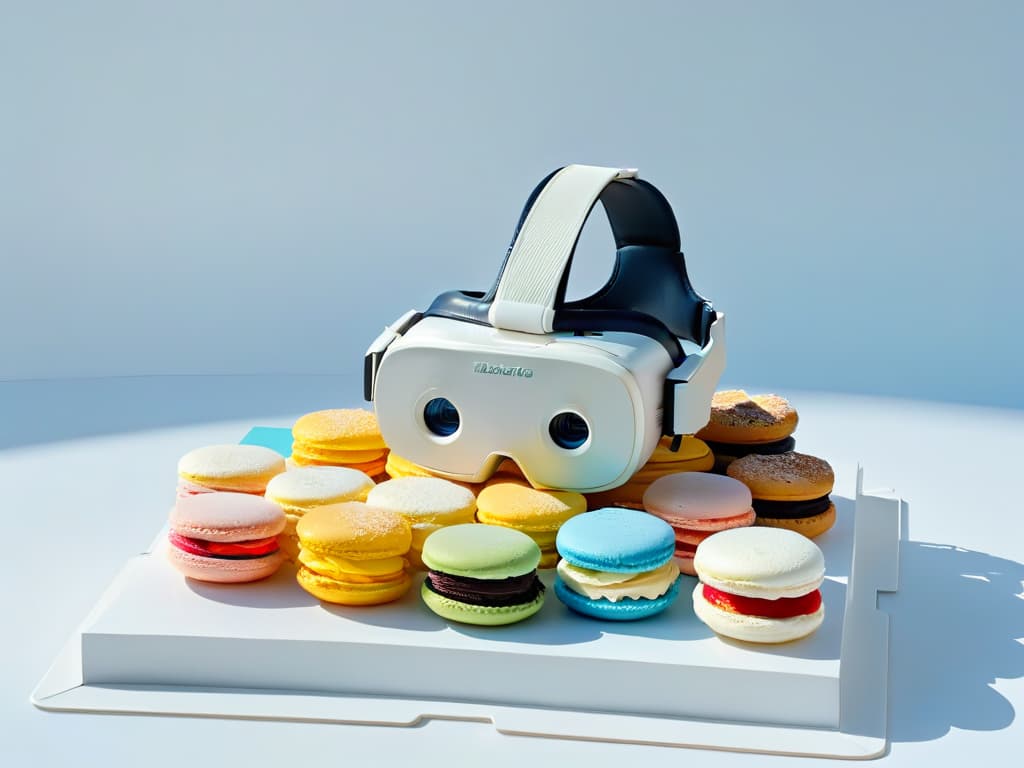  A minimalist, ultradetailed illustration of a virtual reality headset made entirely out of colorful and intricate dessert elements like macarons, cupcakes, and candy, set against a sleek, futuristic backdrop with digital elements subtly integrated into the design. hyperrealistic, full body, detailed clothing, highly detailed, cinematic lighting, stunningly beautiful, intricate, sharp focus, f/1. 8, 85mm, (centered image composition), (professionally color graded), ((bright soft diffused light)), volumetric fog, trending on instagram, trending on tumblr, HDR 4K, 8K