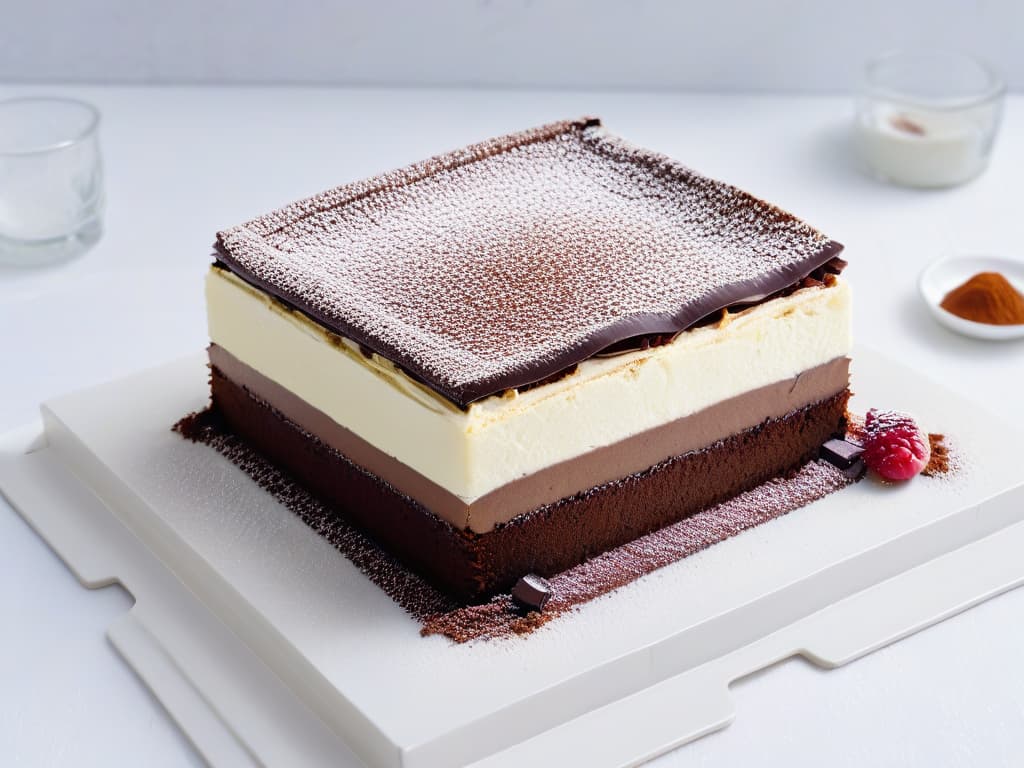  A closeup, ultradetailed image of a perfectly layered vegan tiramisu in a sleek, modern glass dessert dish. The tiramisu is adorned with delicate cocoa powder dusting and a single fresh raspberry on top, all set against a pristine white backdrop. The layers of creamy vegan mascarpone, espressosoaked ladyfingers, and rich chocolate ganache are visible through the transparent glass, showcasing the intricate textures and flavors of this elegant dairyfree dessert. hyperrealistic, full body, detailed clothing, highly detailed, cinematic lighting, stunningly beautiful, intricate, sharp focus, f/1. 8, 85mm, (centered image composition), (professionally color graded), ((bright soft diffused light)), volumetric fog, trending on instagram, trending on tumblr, HDR 4K, 8K