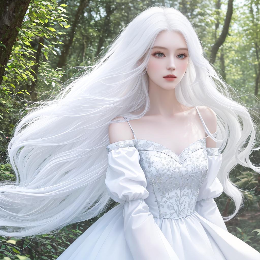  masterpiece, best quality,(masterpiece, best quality, high quality, high rise, super detail), realism, 1 sweet ,(side id: 1.1), long hair,((white hair)), snow white skin, bare shoulders, jewelry, white dress,(separated sleeves: 1.1), celet,(look away: 1.2),(hair floating: 1.3), front, apart,(in forest: 1.3)