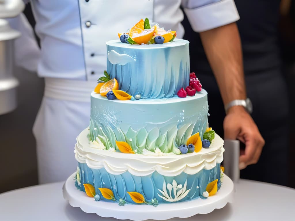  A closeup, ultradetailed image of a chef's hands meticulously piping intricate swirls of pastelcolored buttercream onto a multilayered cake. The focus is on the precision and skill involved in the decorating process, showcasing the chef's artistry and dedication to their craft. The color palette is soft and harmonious, highlighting the elegant beauty of the finished dessert. hyperrealistic, full body, detailed clothing, highly detailed, cinematic lighting, stunningly beautiful, intricate, sharp focus, f/1. 8, 85mm, (centered image composition), (professionally color graded), ((bright soft diffused light)), volumetric fog, trending on instagram, trending on tumblr, HDR 4K, 8K