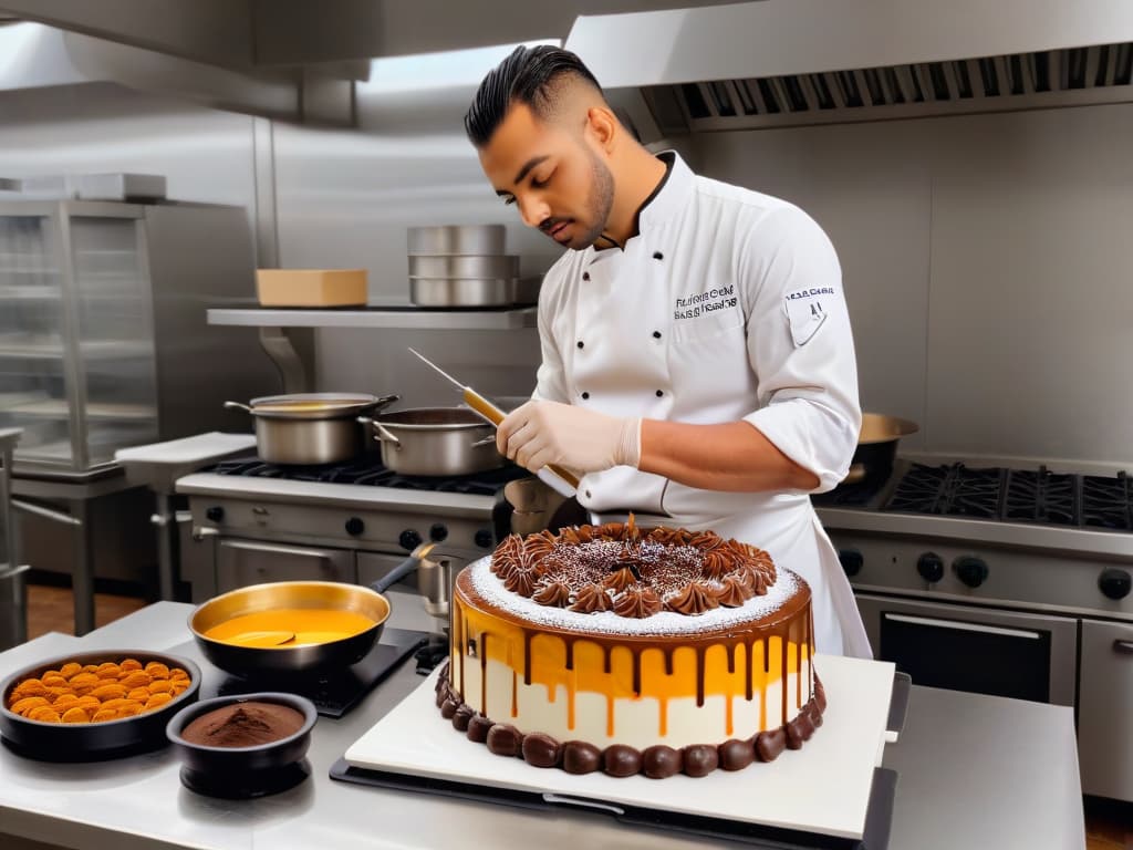  An intricately detailed photorealistic image of a professional pastry chef in a pristine kitchen, delicately using a sugar thermometer to measure the temperature of a bubbling pot of caramel, with rich chocolate ganache and various pastry tools neatly arranged in the background. The chef's focused expression and the steam rising from the pot add a sense of intensity and artistry to the scene, showcasing the precision and skill required in the art of pastry making. hyperrealistic, full body, detailed clothing, highly detailed, cinematic lighting, stunningly beautiful, intricate, sharp focus, f/1. 8, 85mm, (centered image composition), (professionally color graded), ((bright soft diffused light)), volumetric fog, trending on instagram, trending on tumblr, HDR 4K, 8K