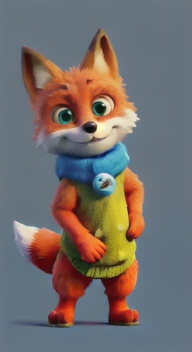  {Error the fox pressing the blue button with his paw, looking puzzled as nothing occurs., Error is a small, bright orange fox with a fluffy tail and big, inquisitive eyes. He has a mischievous yet kind expression and wears a tiny green scarf.